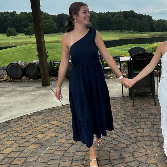 Crown & Ivy One Shoulder MIDI Dress - Navy - Womens Small Preppy Coastal Grandma - Picture 8 of 9